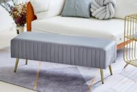 Modern Beige Bench Velvet Bench Upholstered Bench with Metal Legs Modern Beige Bench Velvet Bench Upholstered Bench with Metal Legs