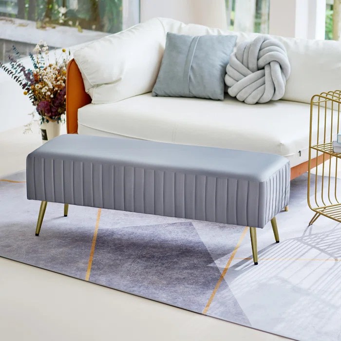 Modern Beige Bench Velvet Bench Upholstered Bench with Metal Legs