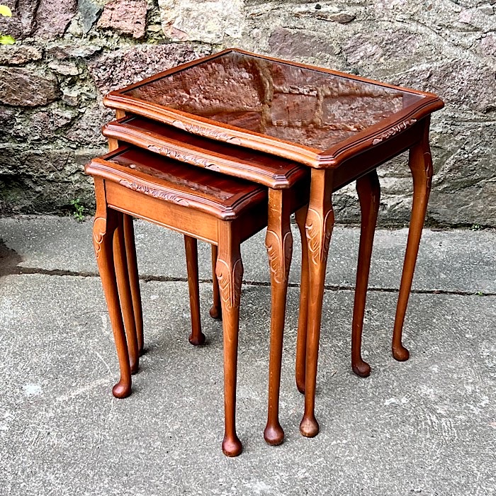 Vintage Walnut Glass Topped Nest Of Tables | Treasure Trove Antiques ... Vintage Walnut Glass Topped Nest Of Tables | Treasure Trove Antiques ...